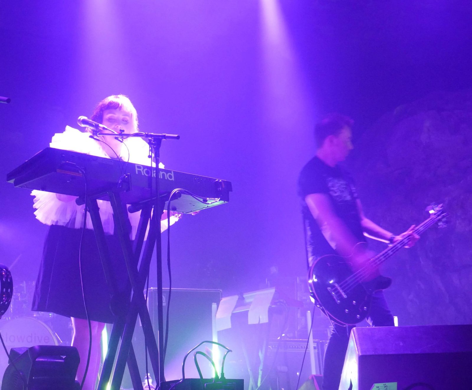 goswell on keys and chaplin on bass performing on stage